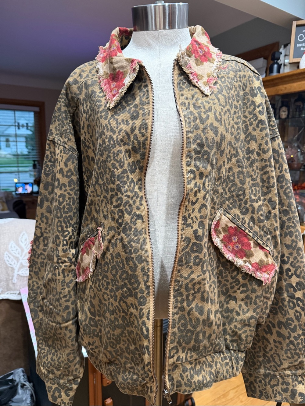 POL Leopard Print Bomber Jacket with Pink Floral Trim
